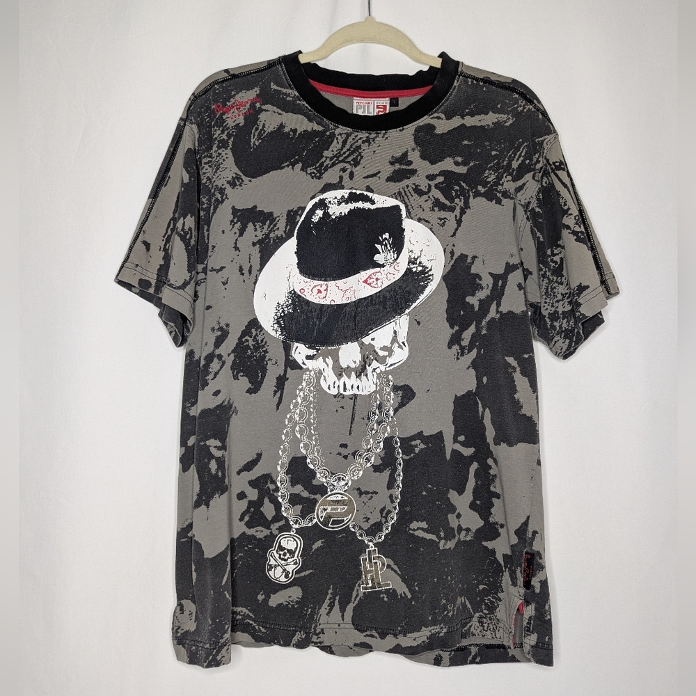Pepe Jeans UK Mens Vintage Y2K All Over Print Gray Gangster Skull Camo Shirt L